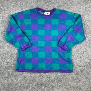 Vintage Sweater Mens Size M Green Purple Checkered Fuzzy Pullover USA 90s Look